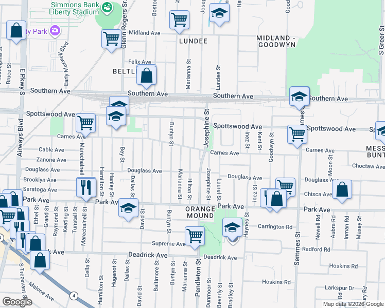 map of restaurants, bars, coffee shops, grocery stores, and more near 722 Pendleton Street in Memphis