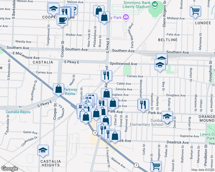 map of restaurants, bars, coffee shops, grocery stores, and more near 1233 Airways Boulevard in Memphis