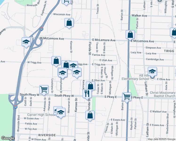 map of restaurants, bars, coffee shops, grocery stores, and more near 1294 Kentucky Street in Memphis