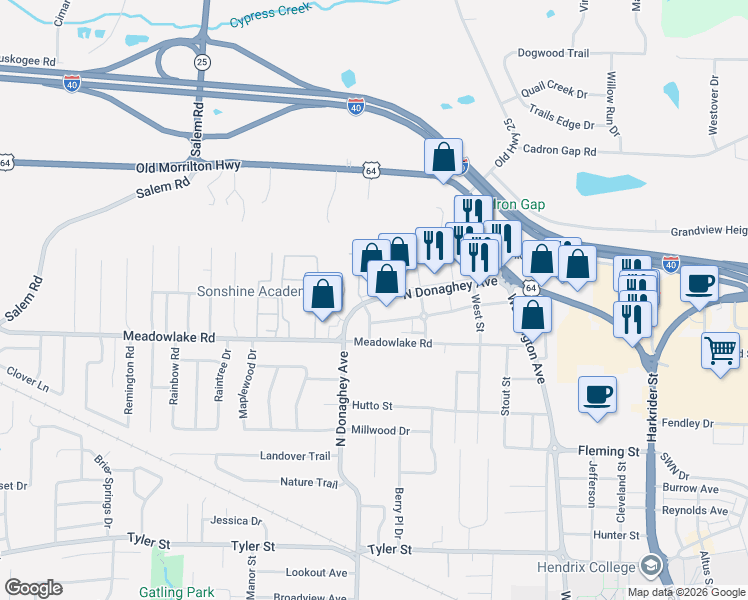 map of restaurants, bars, coffee shops, grocery stores, and more near 2505 Donaghey Avenue in Conway