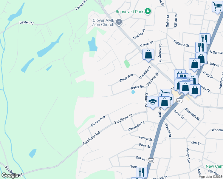 map of restaurants, bars, coffee shops, grocery stores, and more near Patterson Street in Clover