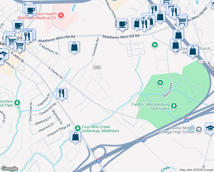 map of restaurants, bars, coffee shops, grocery stores, and more near 1033 Crestdale Crossing Drive in Matthews