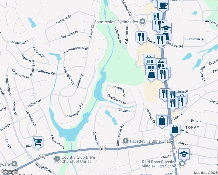 map of restaurants, bars, coffee shops, grocery stores, and more near 468 Bristlecone Drive in Fayetteville
