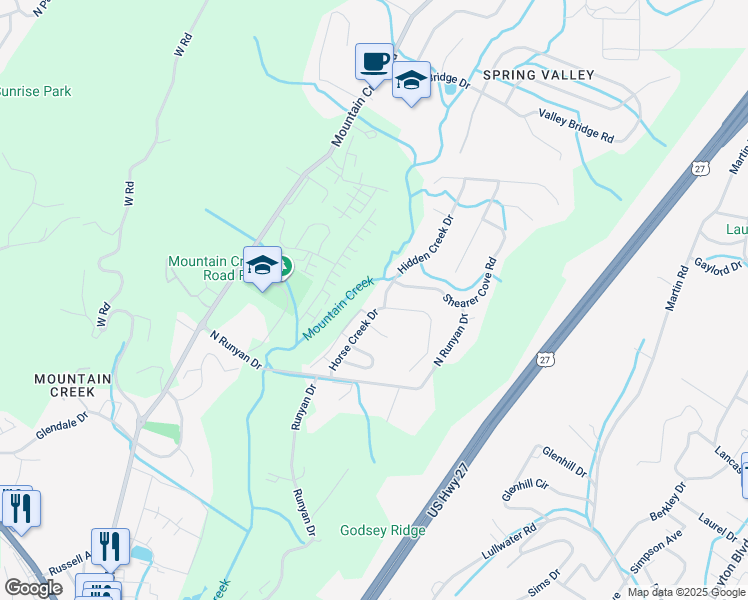 map of restaurants, bars, coffee shops, grocery stores, and more near 261 Horse Creek Drive in Chattanooga
