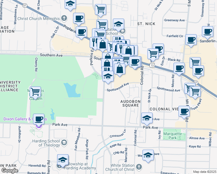 map of restaurants, bars, coffee shops, grocery stores, and more near 699 Oakleaf Office Lane in Memphis