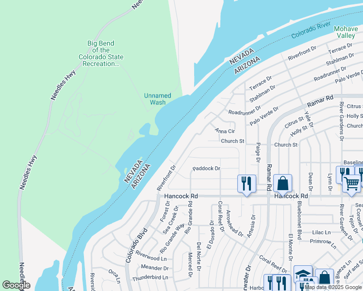 map of restaurants, bars, coffee shops, grocery stores, and more near 329 Riverfront Drive in Bullhead City