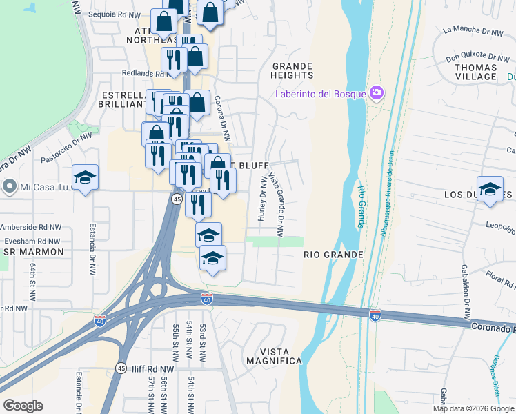 map of restaurants, bars, coffee shops, grocery stores, and more near 2600 Hurley Drive Northwest in Albuquerque