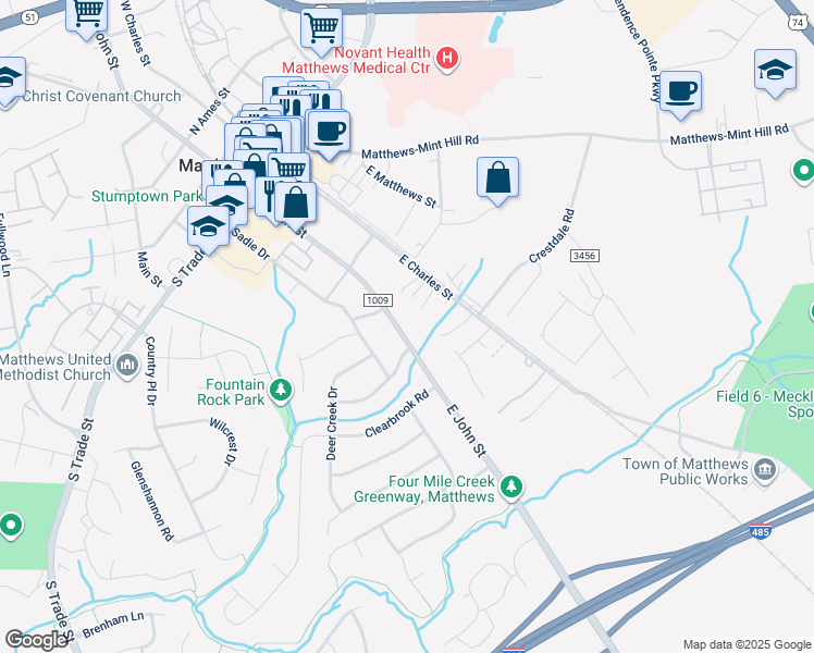 map of restaurants, bars, coffee shops, grocery stores, and more near 631 East John Street in Matthews
