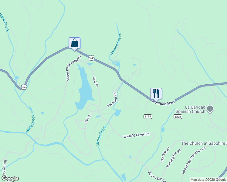map of restaurants, bars, coffee shops, grocery stores, and more near 58 Eagle Ridge Road in Sapphire