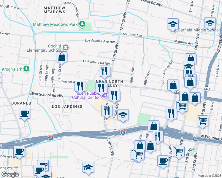 map of restaurants, bars, coffee shops, grocery stores, and more near in Albuquerque