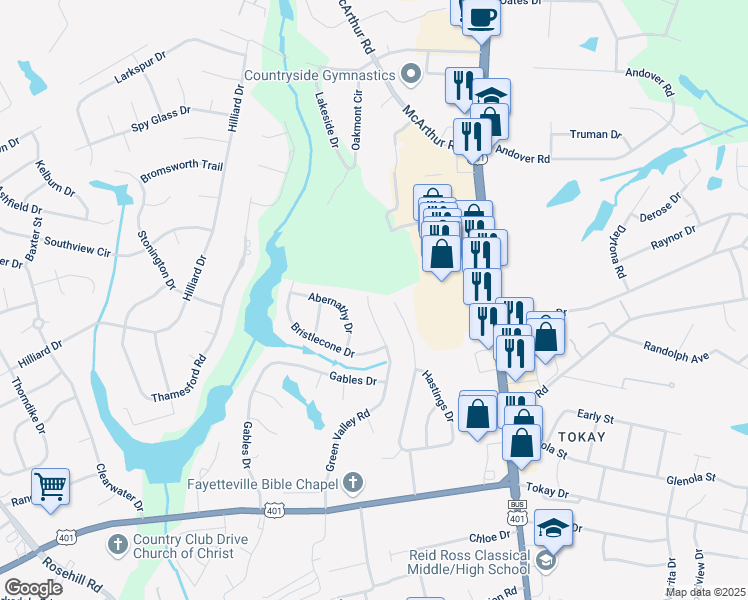 map of restaurants, bars, coffee shops, grocery stores, and more near 3526 Green Valley Road in Fayetteville