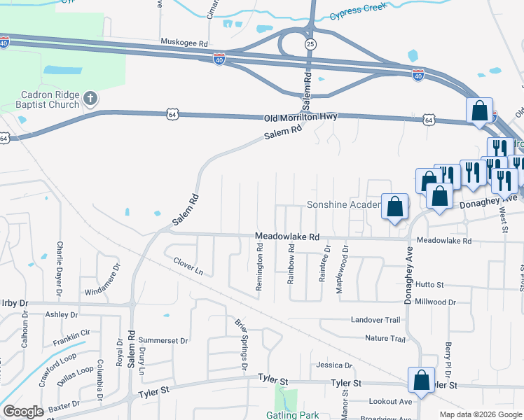 map of restaurants, bars, coffee shops, grocery stores, and more near 2490 Remington Road in Conway