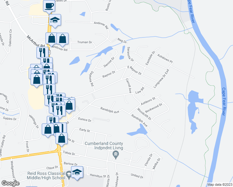 map of restaurants, bars, coffee shops, grocery stores, and more near 605 Law Road in Fayetteville