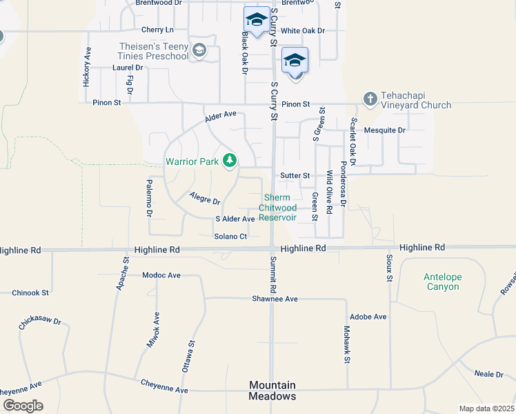 map of restaurants, bars, coffee shops, grocery stores, and more near 233 Carmelita Lane in Tehachapi
