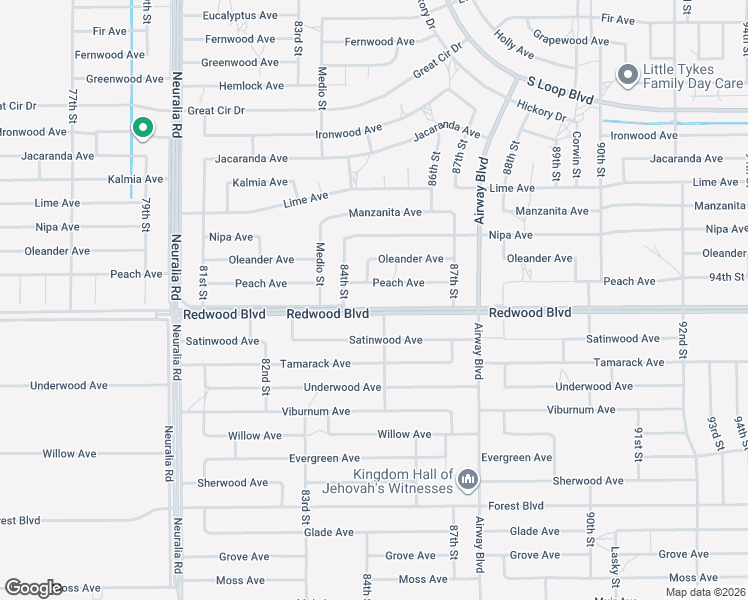 map of restaurants, bars, coffee shops, grocery stores, and more near 8501 Redwood Boulevard in California City