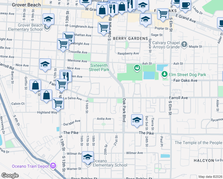 map of restaurants, bars, coffee shops, grocery stores, and more near 950 Rose Court in Grover Beach