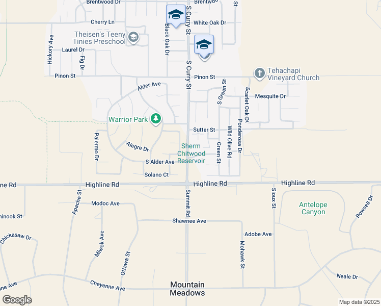 map of restaurants, bars, coffee shops, grocery stores, and more near 115 Manzanita Lane in Tehachapi