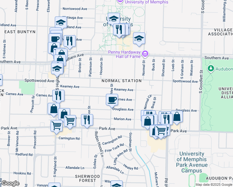 map of restaurants, bars, coffee shops, grocery stores, and more near 3741 Kearney Avenue in Memphis