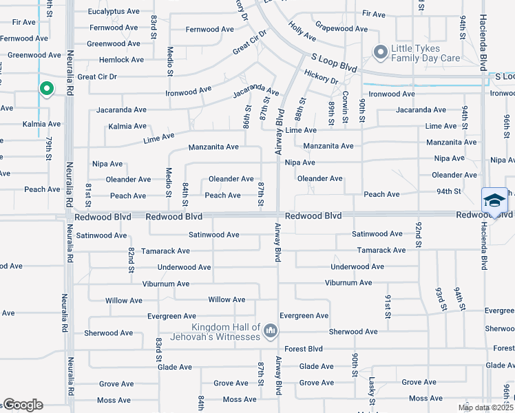 map of restaurants, bars, coffee shops, grocery stores, and more near 8649 Redwood Boulevard in California City