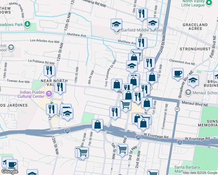 map of restaurants, bars, coffee shops, grocery stores, and more near 2612 Los Tomases Drive Northwest in Albuquerque