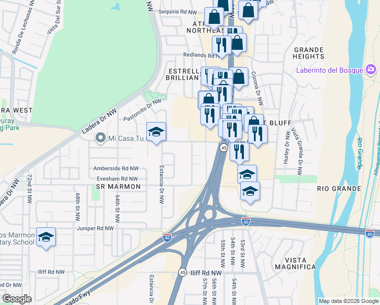 map of restaurants, bars, coffee shops, grocery stores, and more near 2515 Maiden Grass Road Northwest in Albuquerque