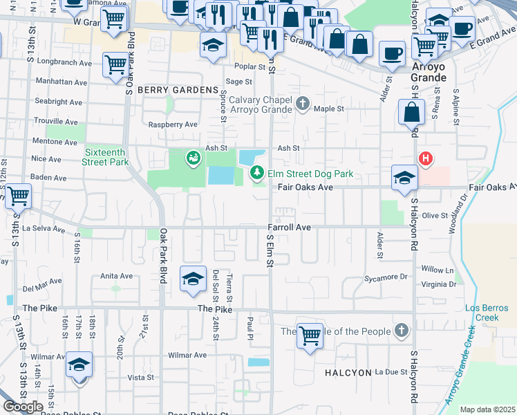 map of restaurants, bars, coffee shops, grocery stores, and more near 412A South Elm Street in Arroyo Grande