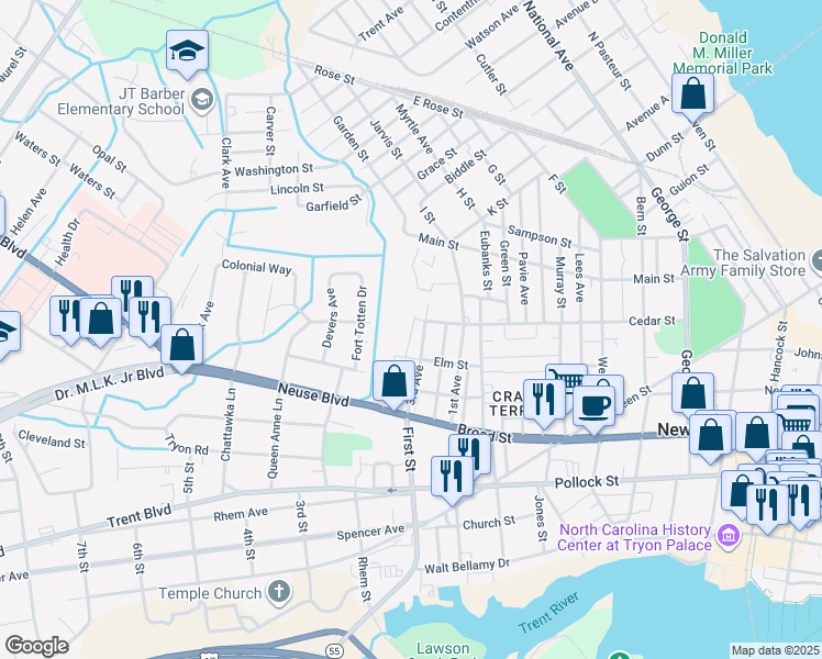 map of restaurants, bars, coffee shops, grocery stores, and more near 727 3rd Avenue in New Bern