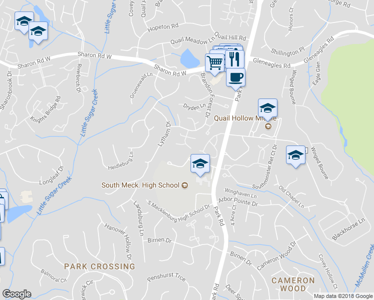 map of restaurants, bars, coffee shops, grocery stores, and more near 2739 Von Thuringer Court in Charlotte