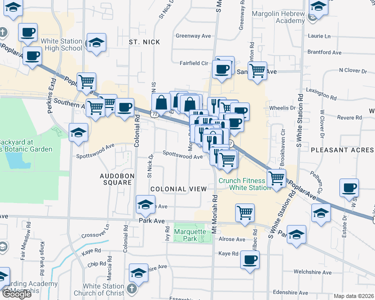 map of restaurants, bars, coffee shops, grocery stores, and more near 4946 Southern Cove in Memphis