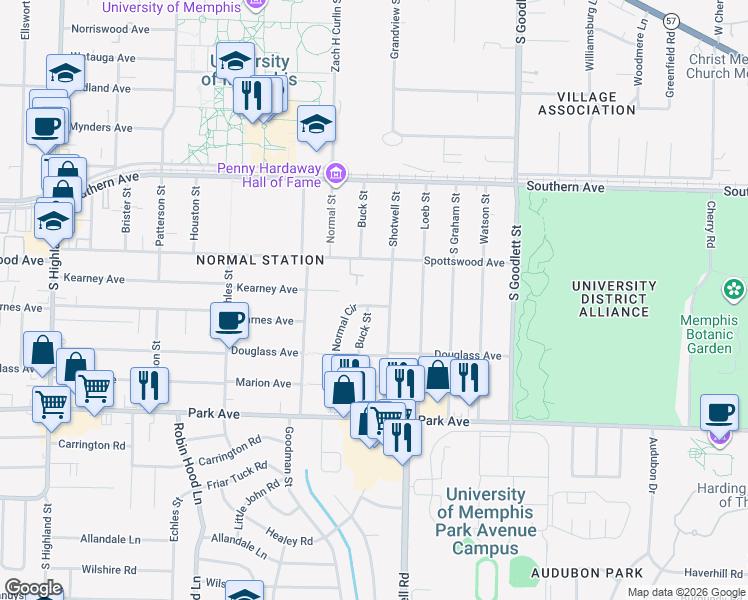 map of restaurants, bars, coffee shops, grocery stores, and more near 713 Normal Circle in Memphis