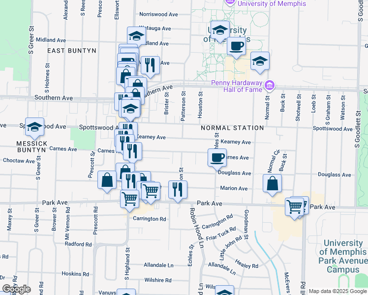 map of restaurants, bars, coffee shops, grocery stores, and more near 3625 Kearney Avenue in Memphis