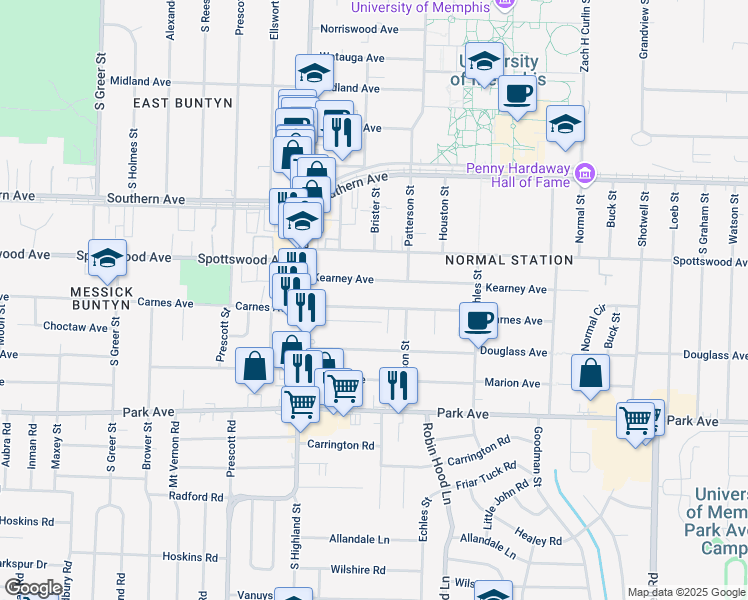 map of restaurants, bars, coffee shops, grocery stores, and more near 3579 Kearney Avenue in Memphis
