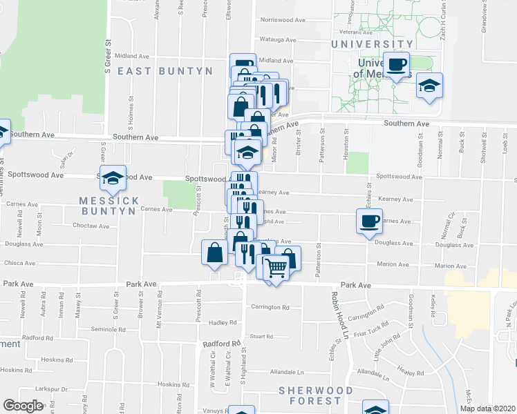 map of restaurants, bars, coffee shops, grocery stores, and more near 3531 Kearney Avenue in Memphis
