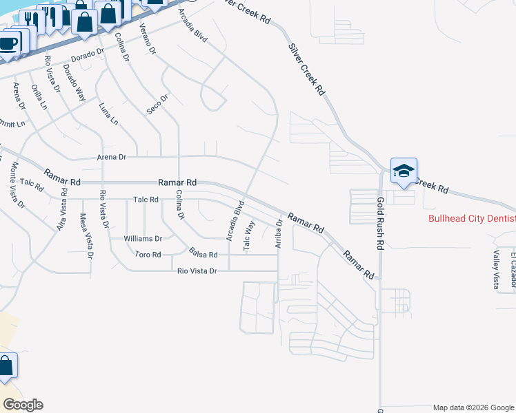 map of restaurants, bars, coffee shops, grocery stores, and more near 1940 Ramar Road in Bullhead City