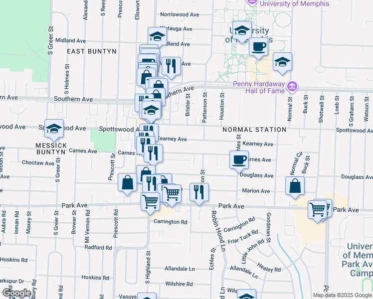 map of restaurants, bars, coffee shops, grocery stores, and more near 3579 Kearney Avenue in Memphis