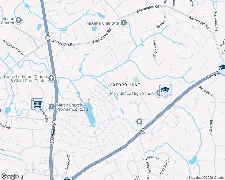 map of restaurants, bars, coffee shops, grocery stores, and more near 6647 Rothchild Drive in Charlotte