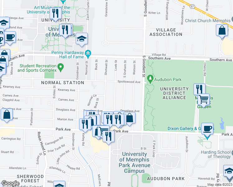 map of restaurants, bars, coffee shops, grocery stores, and more near 716 Loeb Street in Memphis