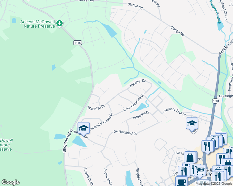 map of restaurants, bars, coffee shops, grocery stores, and more near 14404 Waterlyn Drive in Charlotte