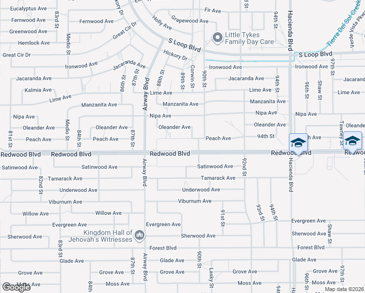 map of restaurants, bars, coffee shops, grocery stores, and more near 8925 Redwood Boulevard in California City
