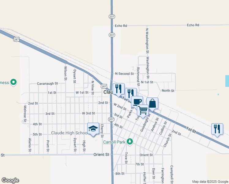 map of restaurants, bars, coffee shops, grocery stores, and more near in Claude