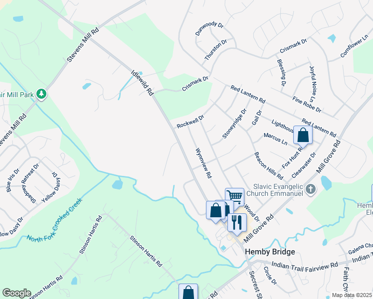 map of restaurants, bars, coffee shops, grocery stores, and more near 8210 Idlewild Road in Indian Trail