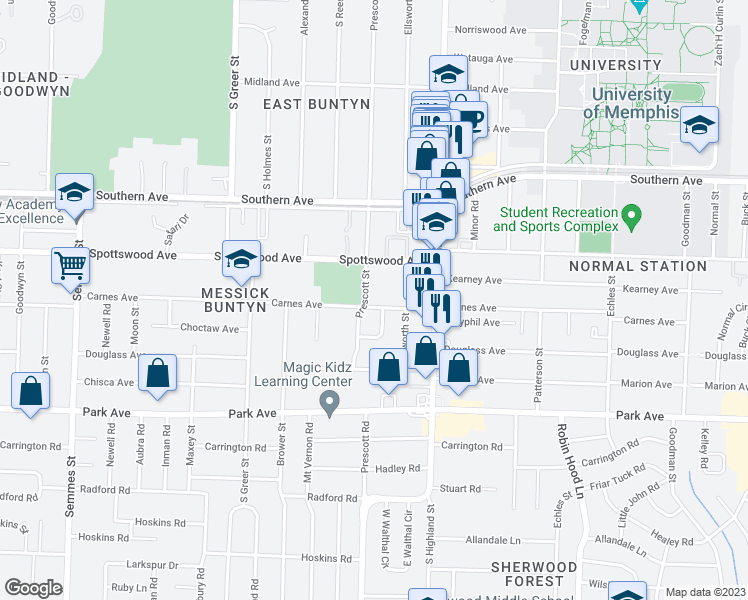 map of restaurants, bars, coffee shops, grocery stores, and more near 722 Prescott Street in Memphis