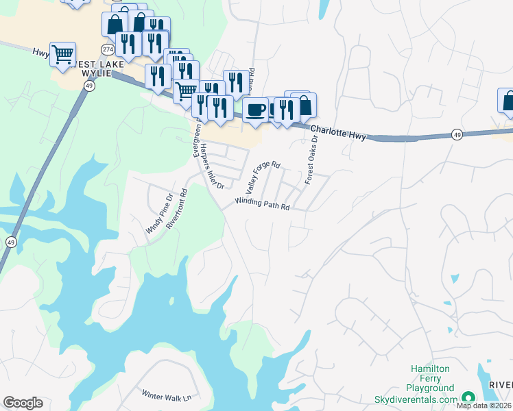 map of restaurants, bars, coffee shops, grocery stores, and more near 1216 Winding Path Road in Clover