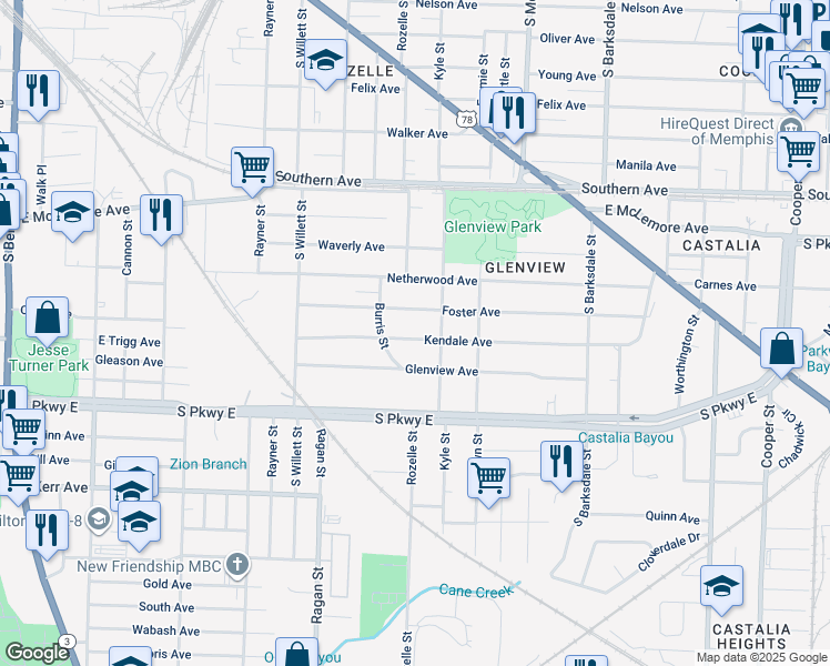 map of restaurants, bars, coffee shops, grocery stores, and more near 1692 Kendale Avenue in Memphis