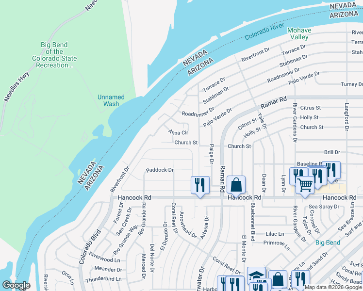 map of restaurants, bars, coffee shops, grocery stores, and more near 430 Church Street in Bullhead City