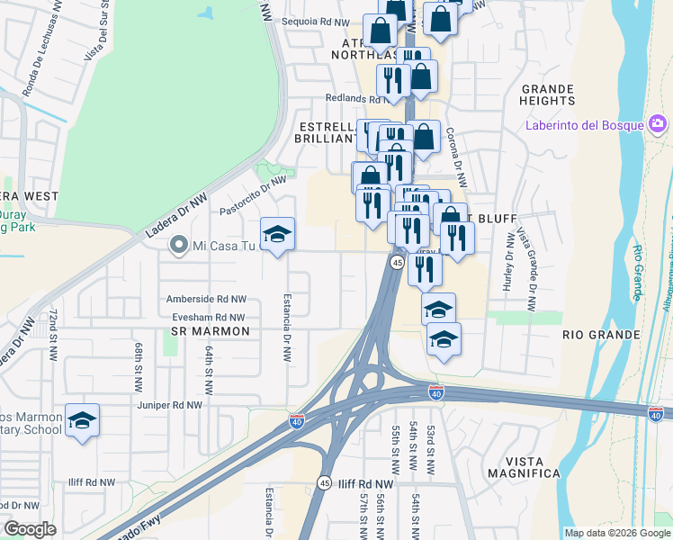 map of restaurants, bars, coffee shops, grocery stores, and more near 2515 Maiden Grass Road Northwest in Albuquerque