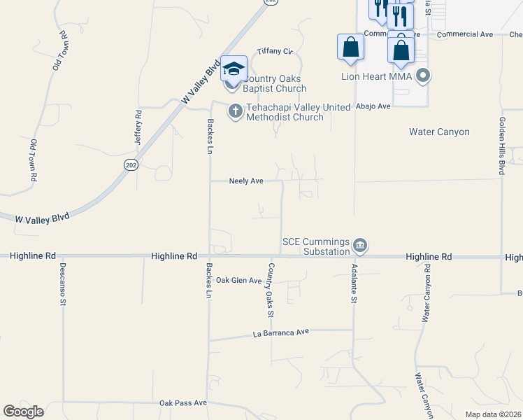 map of restaurants, bars, coffee shops, grocery stores, and more near 20139 Hayfield Lane in Tehachapi