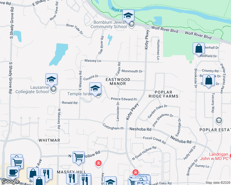 map of restaurants, bars, coffee shops, grocery stores, and more near 1367 Lancaster Drive in Memphis