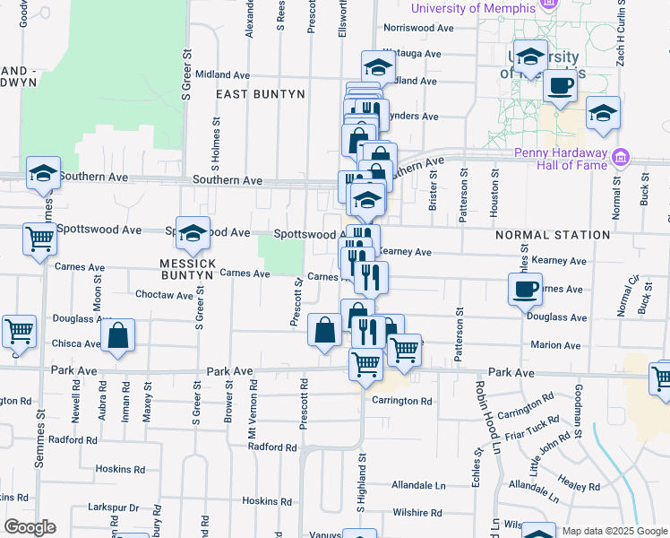 map of restaurants, bars, coffee shops, grocery stores, and more near 3446 Carnes Avenue in Memphis