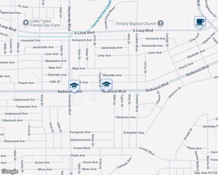 map of restaurants, bars, coffee shops, grocery stores, and more near Redwood Boulevard in California City